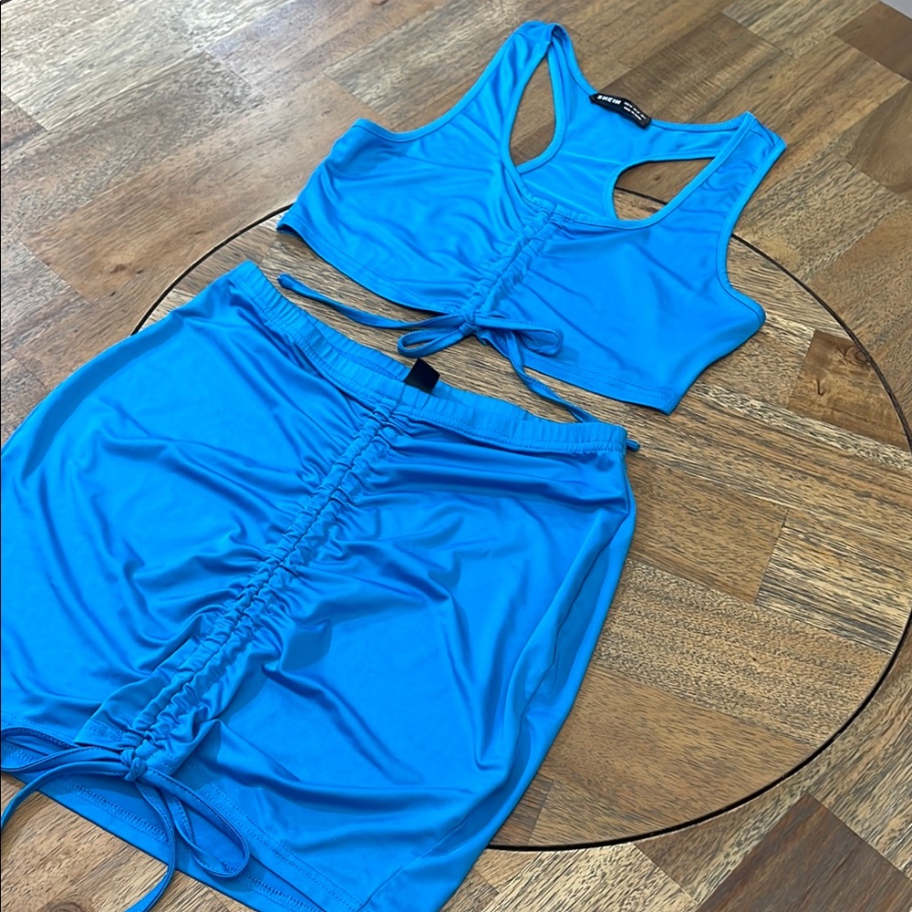 SHEIN Blue Ruched Mini Skirt Set Two Piece Crop Top Summer Beach Medium - Picture 2 of 4